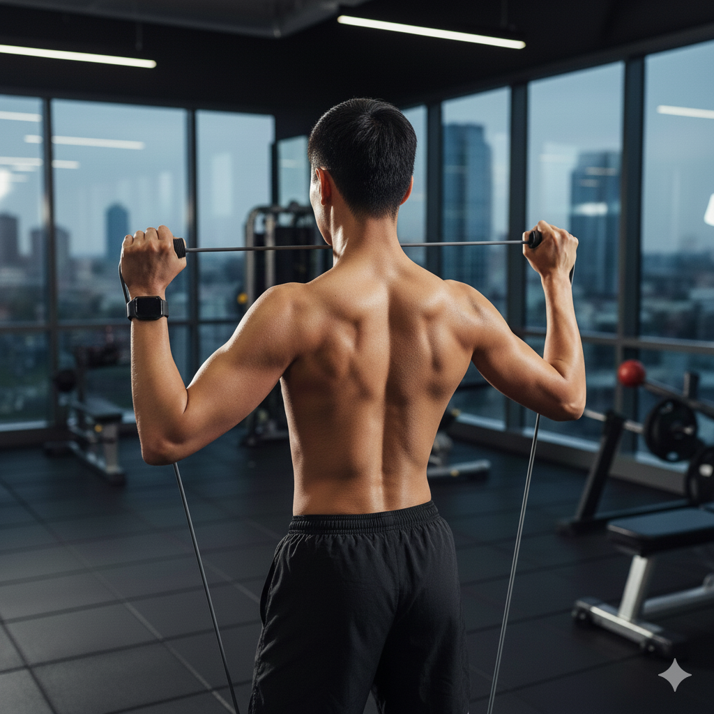 肩甲骨を寄せる男性