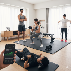 自宅でトレーニングする男女。