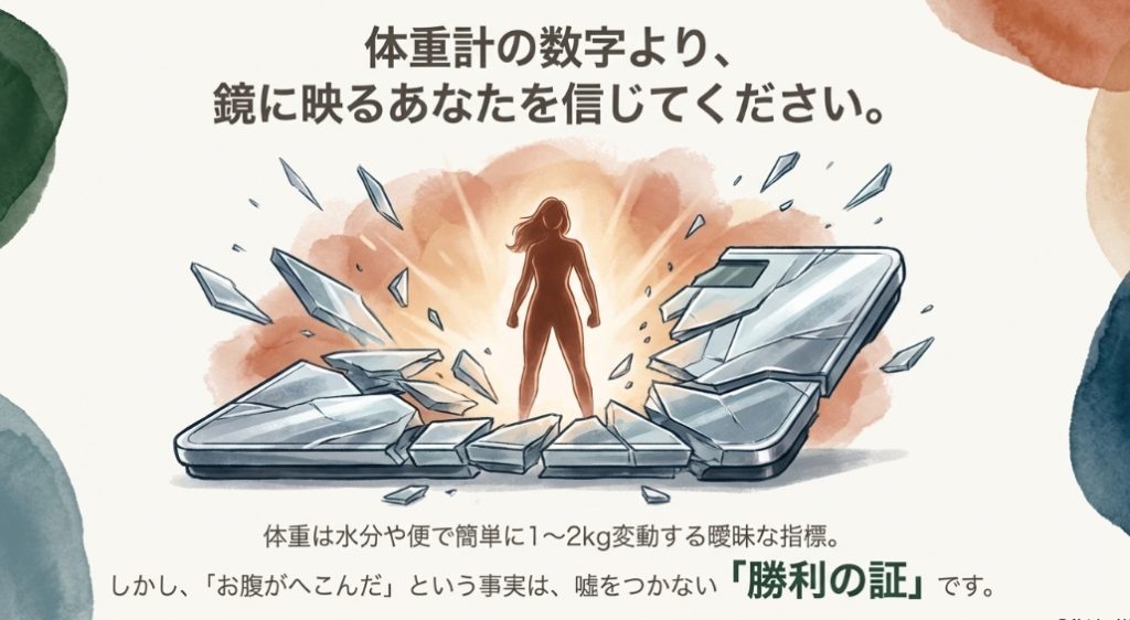体重計の数値よりも鏡に映る自分の変化やお腹がへこんだ事実を信じることの重要性