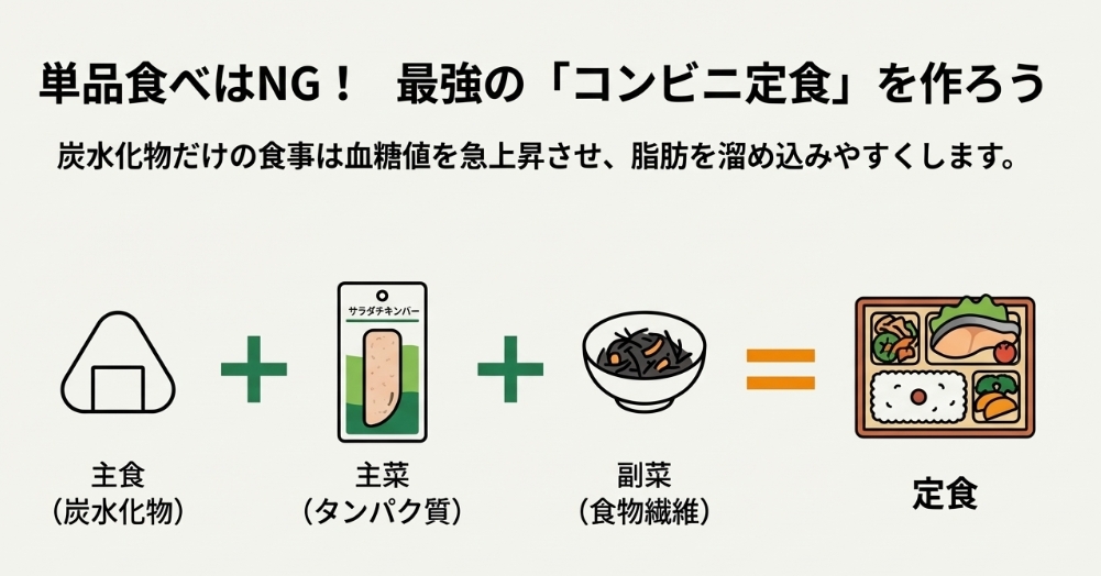 カロリーの質と満足感を両立させる重要性を説いたスライド。