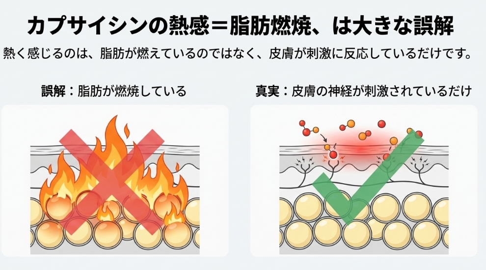 カプサイシンによる温感は脂肪燃焼（バツ印）ではなく、皮膚の神経刺激による反応（チェック印）であることを解説した比較図。
