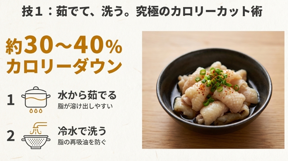 フライパンで鶏皮をカリカリに焼いて脂を拭き取る調理テクニック