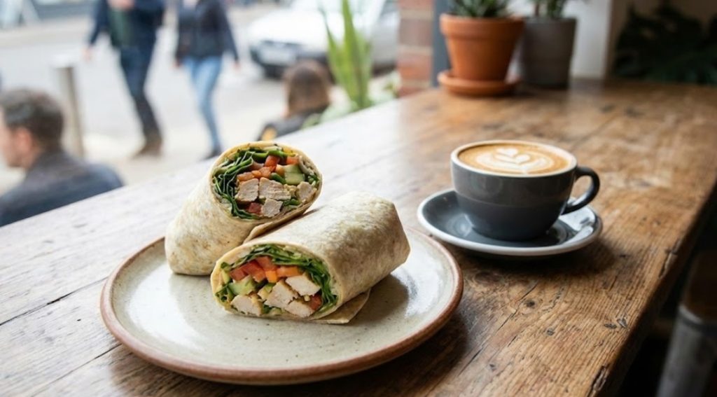 自然光が差し込むカフェの木製テーブルの上に、半分にカットされた具沢山のチキンラップが載った陶器の皿と、ラテアートが施されたグレーのカップに入ったカフェラテが置かれている。背景は窓ガラス越しに、ぼやけた街並みと歩行者、窓辺の植物が見える。