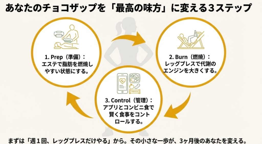 チョコザップダイエットのまとめ。Prep（エステで準備）、Burn（レッグプレスで燃焼）、Control（食事管理）の3ステップで理想の体型を目指すロードマップ。
