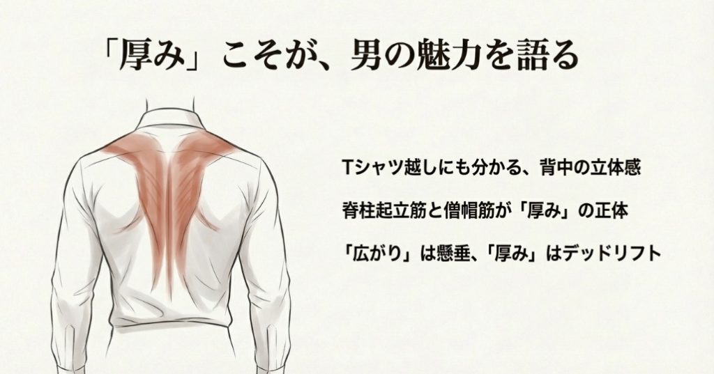 デッドリフトで鍛えられた脊柱起立筋と僧帽筋による、背中の立体的な厚みを示す男性の背面のイラスト