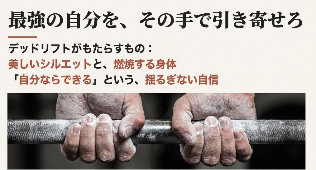 バーベルを力強く握りしめる手のクローズアップ写真と、デッドリフトを通じて理想の自分を手に入れるというメッセージ
