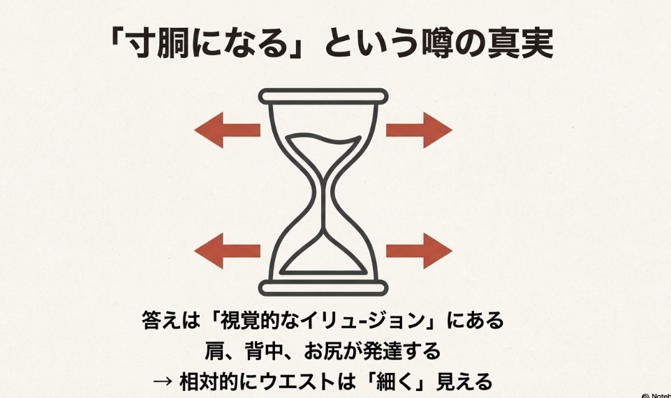 肩とヒップが発達することで相対的にウエストが細く見える「砂時計型シルエット」を解説した図解イラスト