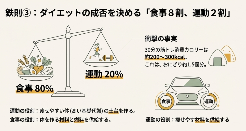 ダイエットの重要度は食事が80％、運動が20％。運動の役割は「痩せやすい体の土台作り」、食事の役割は「材料と燃料の供給」。30分の筋トレ消費カロリーはおにぎり1.5個分。