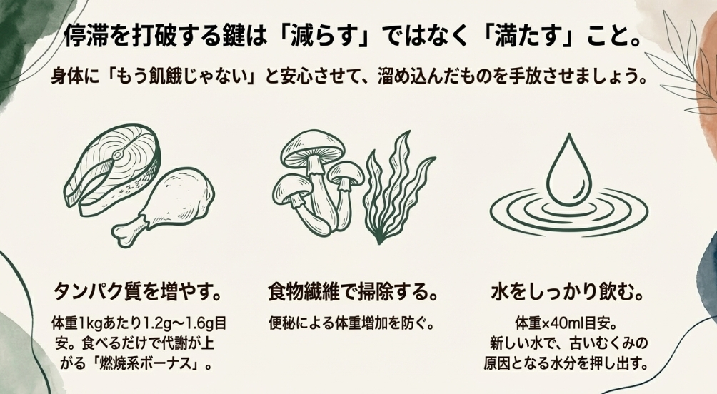 停滞期を打破するための食事のポイント。タンパク質、食物繊維、水分摂取の重要性