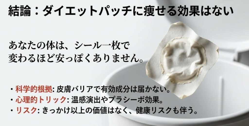 ダイエットパッチに痩せる効果はないという結論。科学的根拠の欠如、心理的トリック、健康リスクの3点をまとめた要約スライド。