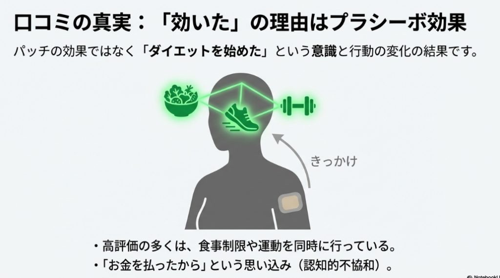 パッチを貼ることが「きっかけ」となり、脳内で食事や運動への意識が芽生え、結果として痩せるという心理的メカニズム（プラシーボ効果）の図。