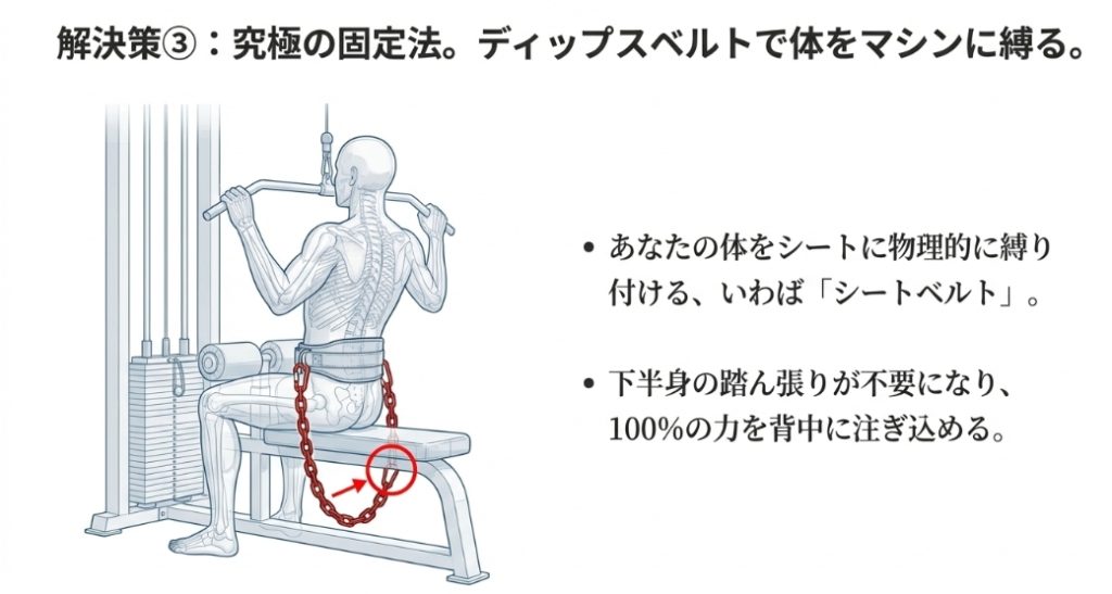 ディップスベルトのチェーンをベンチの下に通して体を物理的にロックし高重量ラットプルダウンを行う方法のイラスト