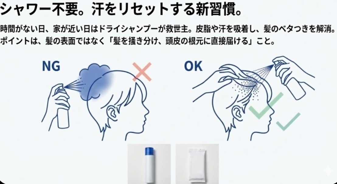 「シャワー不要。汗をリセットする新習慣。」というタイトルのもと、ドライシャンプーの正しい使い方をイラストで解説した画像。「NG」の例では髪の表面にスプレーしており、「OK」の例では髪を掻き分けて頭皮の根元に直接スプレーしている様子が描かれている。下部にはスプレーボトルとシートタイプの製品写真が配置されている。