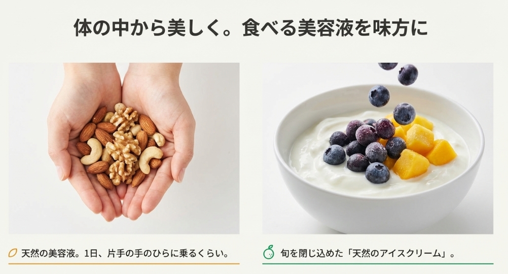 手のひらのナッツや、ヨーグルトに入れた冷凍フルーツの写真。