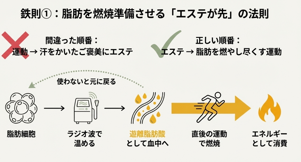 ダイエットの鉄則はエステが先。ラジオ波で脂肪を温めて分解し、遊離脂肪酸として血中に放出させてから、直後の運動で燃焼させる正しい順序の図解。