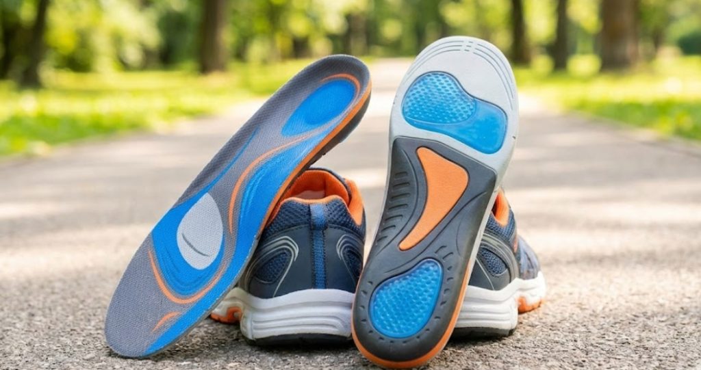 公園の小道で、青とオレンジのゲルパッドが付いた機能的なダイエットインソールが、ランニングシューズの横に立てかけられているクローズアップ写真。
