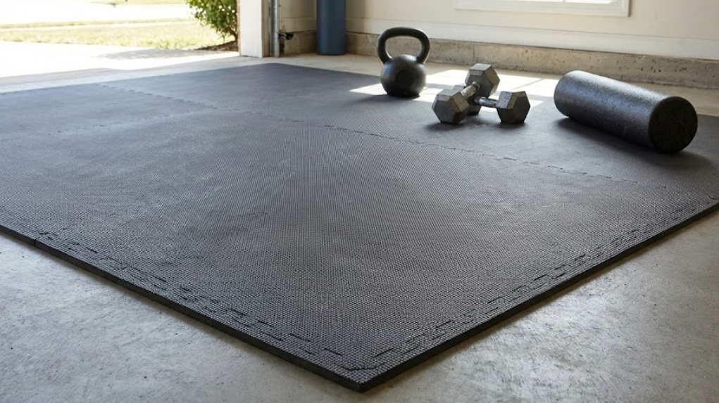 明るいガレージのコンクリート床に敷かれた黒いジョイント式トレーニングマット。マットの上にはケトルベル、ダンベルのペア、黒いフォームローラーが置かれている。