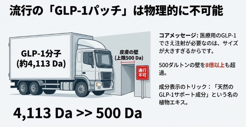 GLP-1の巨大な分子量（4,113 Da）をトラックに、皮膚の狭い通過口（500 Da）をトンネルに見立て、物理的に通過不可能であることを示した比較イラスト。