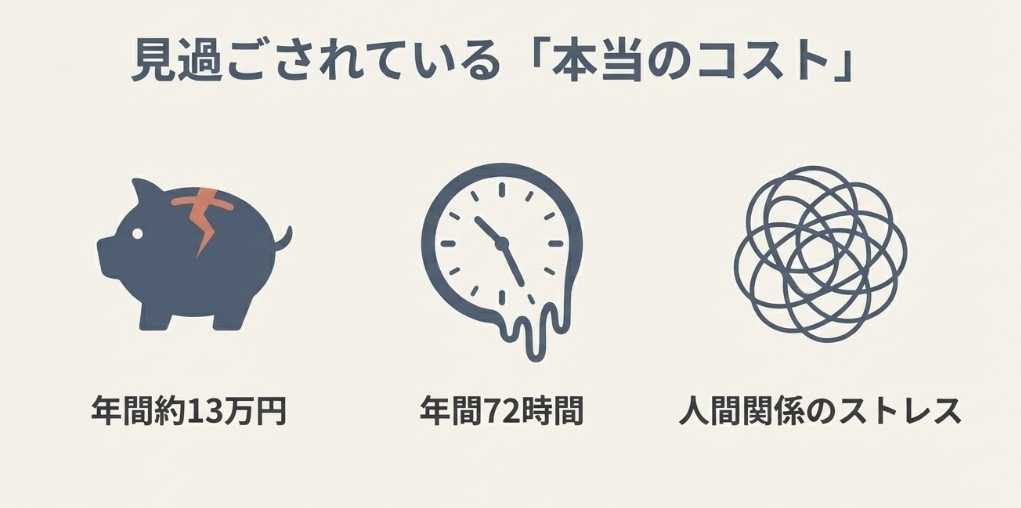 ジム通いにかかる年間13万円の費用と72時間の損失イメージ