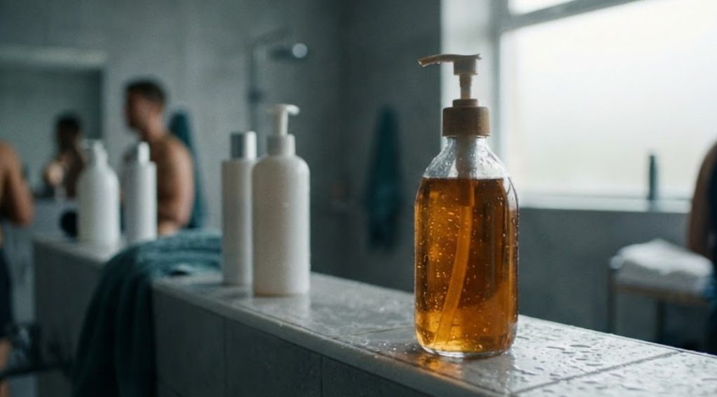 スポーツジムの共用シャワールームで、水滴がついたタイルの棚に置かれた、ラベルや文字のない透明なガラス製のポンプ式シャンプーボトル。中にはアンバー色の液体が入っている。背景には他の白いボトル、タオル、そしてぼやけた利用者の姿が見える。