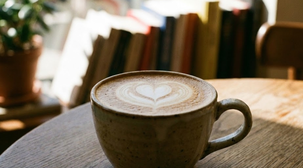 自然光が差し込む窓辺の木製テーブルに置かれた、陶器のカップに入ったカフェラテ。フォームミルクで描かれたハートのラテアートが特徴的で、背景にはピントの甘い本棚や植物が並んでいる心地よいカフェの風景。