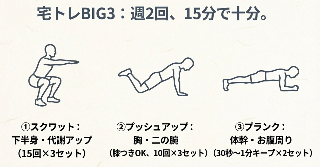 自宅でできるスクワット・プッシュアップ・プランクのフォーム図解