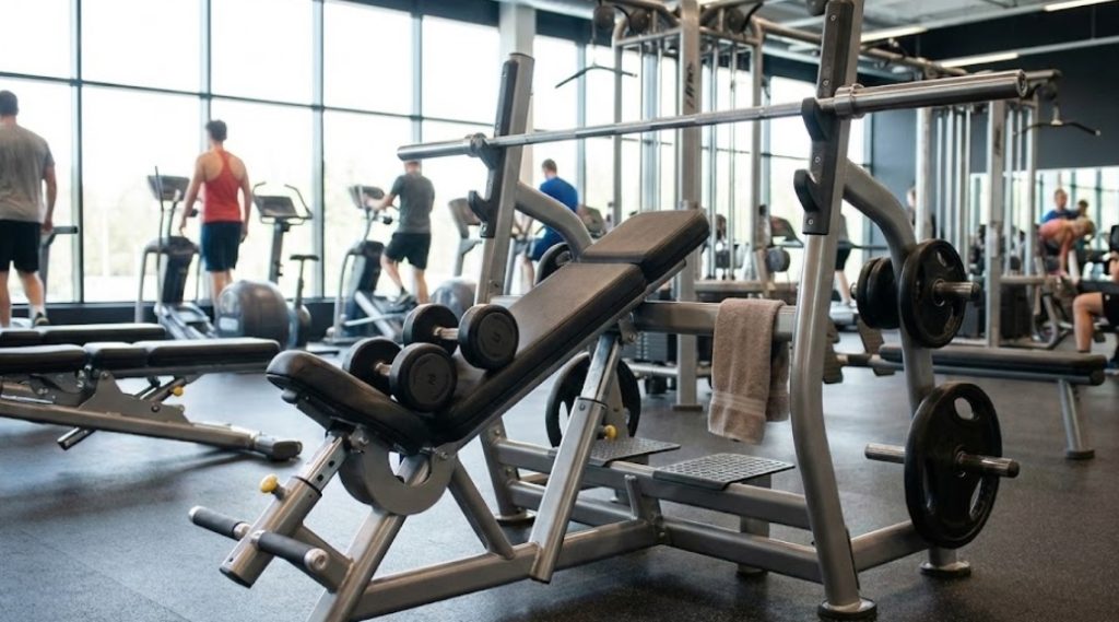 自然光が差し込む広々としたスポーツジムで、前景にはタオルとダンベルが置かれた銀色のフレームのインクラインベンチプレス台がある。バーベルがセットされている。背景では複数の人々が他のマシンやフリーウェイトでトレーニングを行っている様子が見える