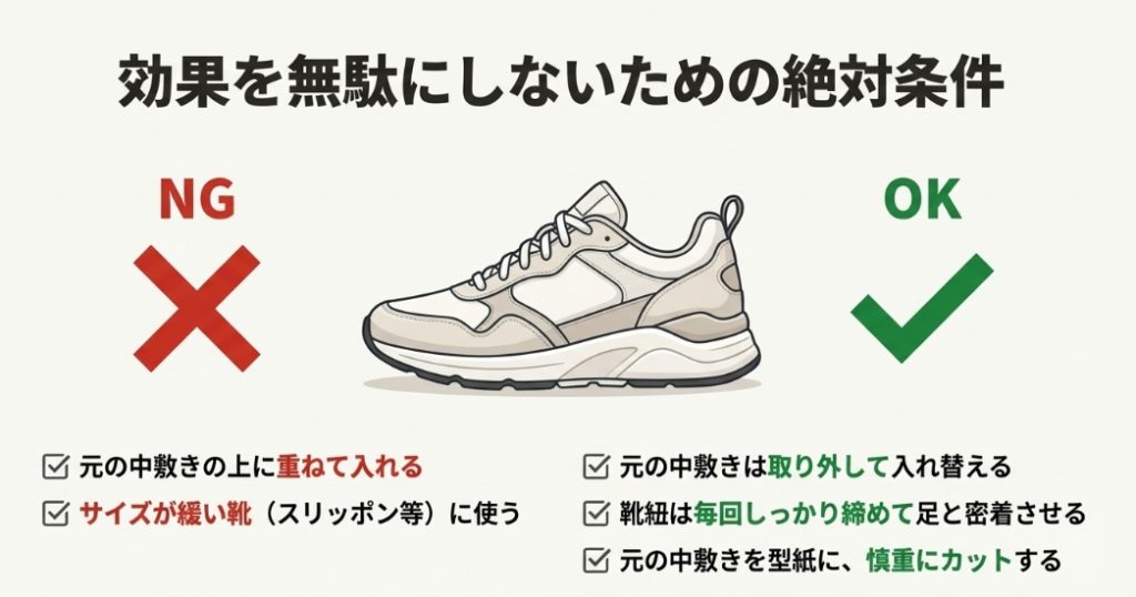 インソールの効果を出すための正しい使い方と絶対に避けるべきNGな使い方の比較チェックリスト