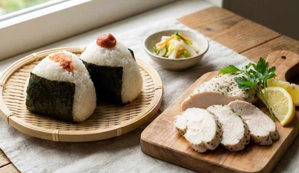 窓辺の自然光が差し込む木のテーブルの上に、竹ざるに盛られた梅干しと鮭のおにぎり2つと、木製カッティングボードにスライスされたハーブサラダチキンが置かれている。チキンの横にはレモンとパセリが添えられ、奥には小さな器に入った漬物がある。