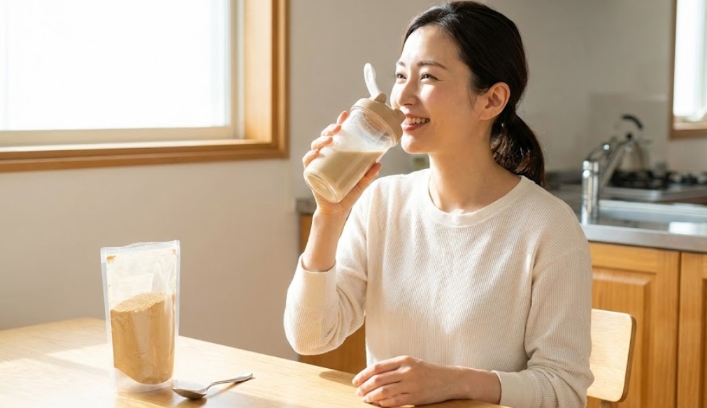 日当たりの良い自宅のダイニングキッチンで、白いトップスを着た若い日本人女性が、きな粉と思われる粉末が入ったシェイカーから飲み物を飲んで微笑んでいる。テーブルの上にはきな粉の袋とスプーンが置かれている。