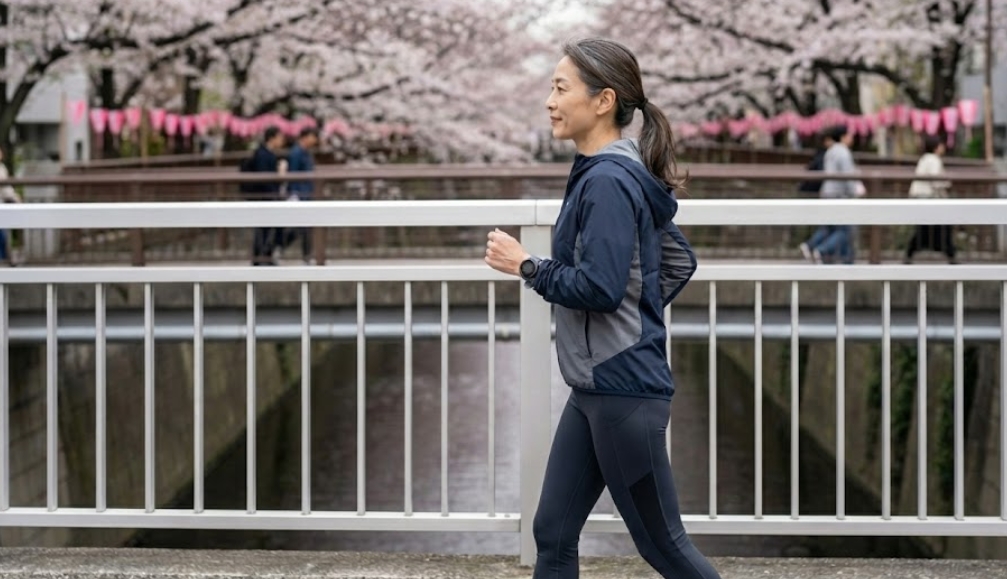 満開の桜並木が続く東京・中目黒の目黒川沿いの橋の上を、紺色のランニングジャケットとレギンスを着用した中高年の日本人女性が、横向きで元気にジョギングしている様子。背景には花見客の姿も見える、春らしい写真です