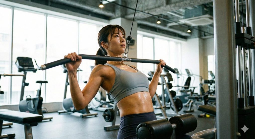 フィットネスジムのラットプルダウンマシンで、汗をかきながら背中のトレーニングに集中している日本人女性の様子。