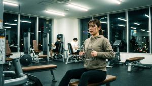 夜の照明に照らされた24時間営業のジムで、パーカーを着た若い日本人女性が、真剣な表情でケーブルマシンを使った背中のトレーニング（シーテッドロー）を行っている様子。窓の外には都市の夜景が広がっている。