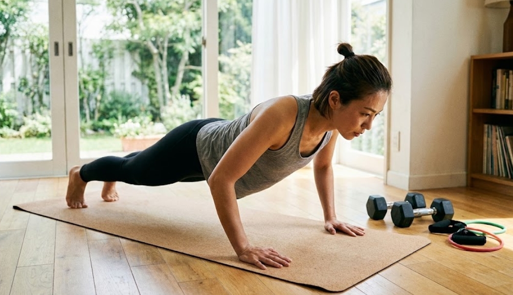 日当たりの良い自宅のリビングルームで、木製のフローリングの上に敷いたコルク製ヨガマットの上で、真剣な表情で腕立て伏せの筋力トレーニングに励む日本人女性。背景には庭が見える大きな窓があり、横にはダンベルとトレーニングチューブが置かれている。