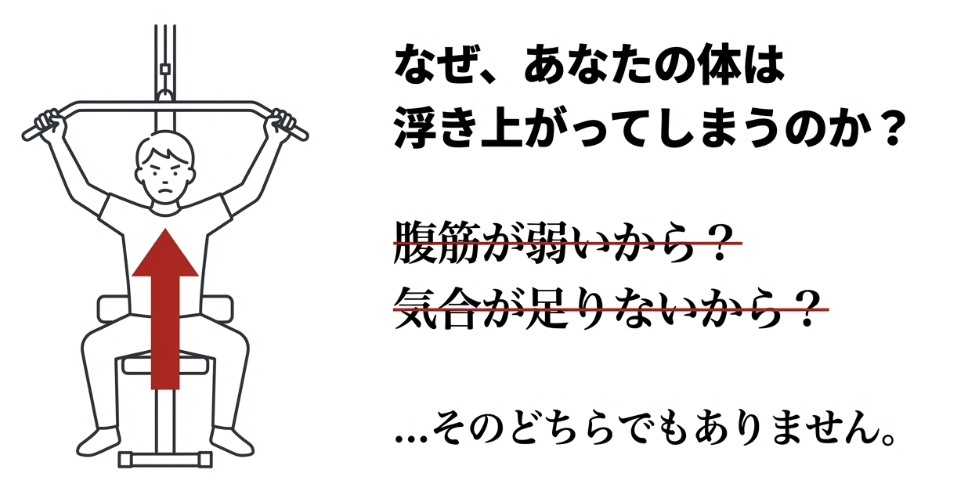 体が浮く原因は腹筋不足や気合不足ではなく物理法則であることを提起するイラスト 
