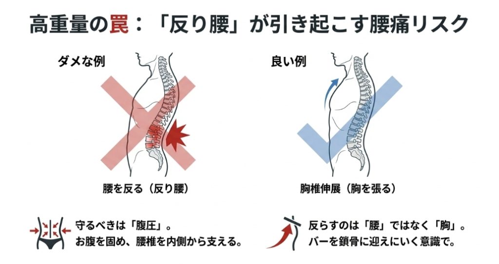 ラットプルダウンで腰を痛める反り腰のNG例と胸椎を伸展させる正しいOK例の比較イラスト
