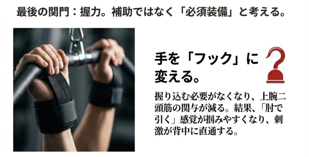 握力を補助し手をフックのように使うことで背中に効きやすくなるイメージ図