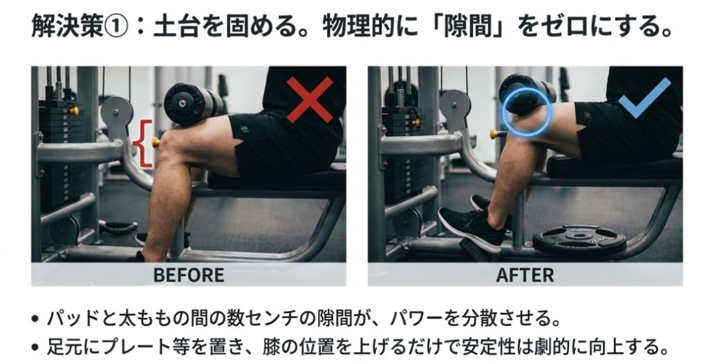 ラットプルダウンで膝パッドの隙間を埋めるために足元にプレートを置く対策の比較画像