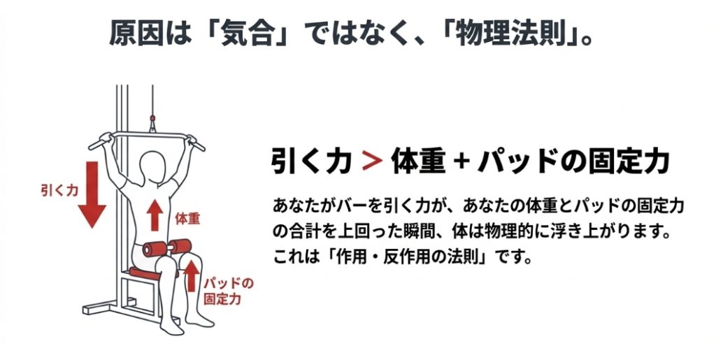 ラットプルダウンで引く力が体重と固定力を上回ると体が浮く作用・反作用の法則を示した図解