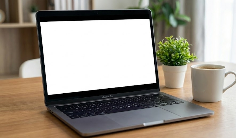 木の机の上に置かれた、画面が真っ白なMacBook Proのモックアップ。隣には白いコーヒーマグと小さな観葉植物がある。