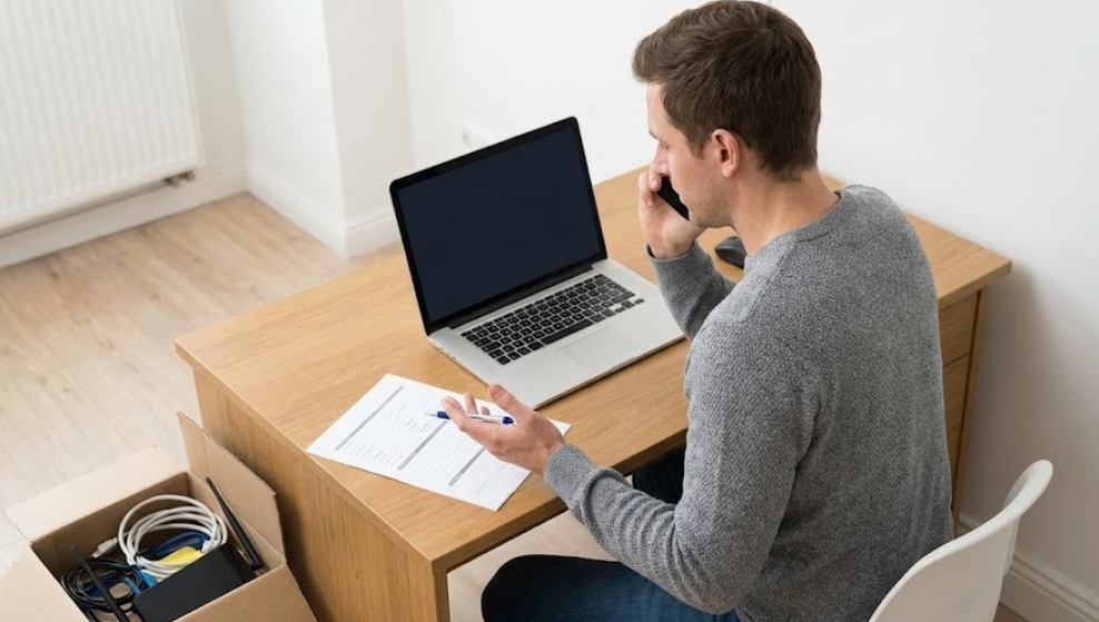 明るい部屋の木製デスクで、グレーのセーターを着た男性がスマートフォンを耳にあて、もう一方の手で書類を指差しながら話している。デスクには開いたノートパソコンがあり、床にはルーターやケーブルが詰まった段ボール箱が置かれている。インターネット回線の解約や引っ越し手続きの様子。