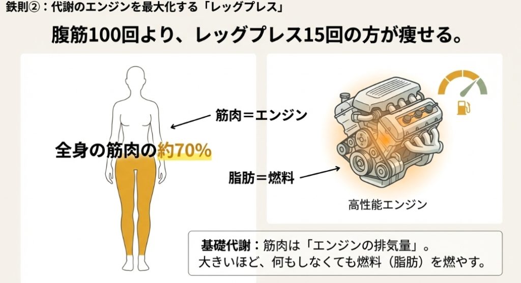 筋肉はエンジンの排気量と同じ。全身の約70％を占める下半身の筋肉を鍛えることで、基礎代謝の高い「高性能エンジン」を搭載した痩せやすい体になる。
