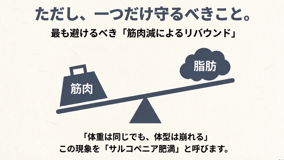 筋肉が減り脂肪が増えるサルコペニア肥満とシーソーの図解
