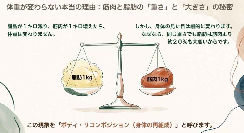 脂肪1kgと筋肉1kgの大きさ比較イラスト。同じ重さでも脂肪は筋肉より体積が約20%大きい