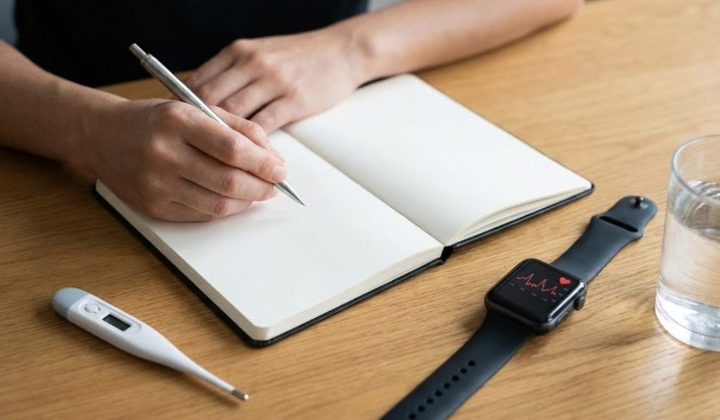 木製のテーブルの上で、人物がペンを持って開いたノートに記録をつけている。傍らにはデジタル体温計と、心拍数グラフを表示したスマートウォッチ、水の入ったグラスが置かれている。