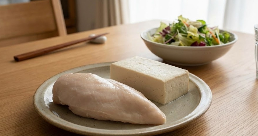 自然光が差し込む木製の食卓の上に、陶器の皿が置かれている。皿の上には、調理された鶏むね肉（サラダチキン）1枚と、直方体の豆腐（豆腐バー）1丁が乗っている。その奥には、野菜サラダが入ったボウル、箸と箸置き、水が入ったグラスが並んでいる。