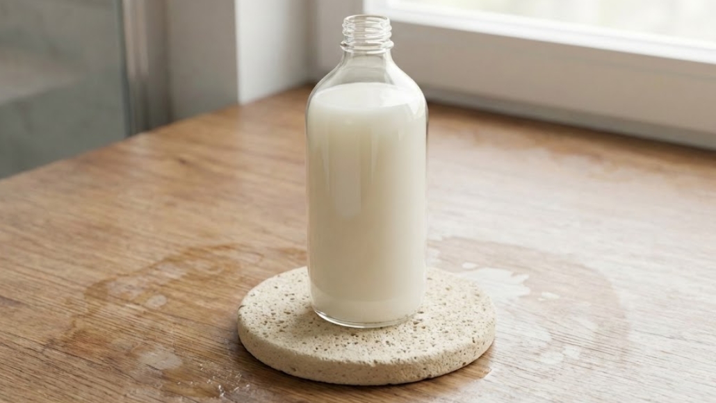 珪藻土コースターの上に置かれた、ラベルのないガラス製のシャンプーボトル。周囲の木の台には水滴がついている。