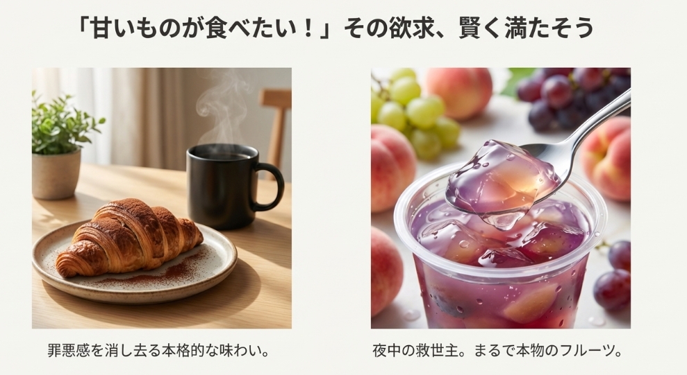 ゼロキロカロリーゼリーや糖質オフクロワッサンの写真。