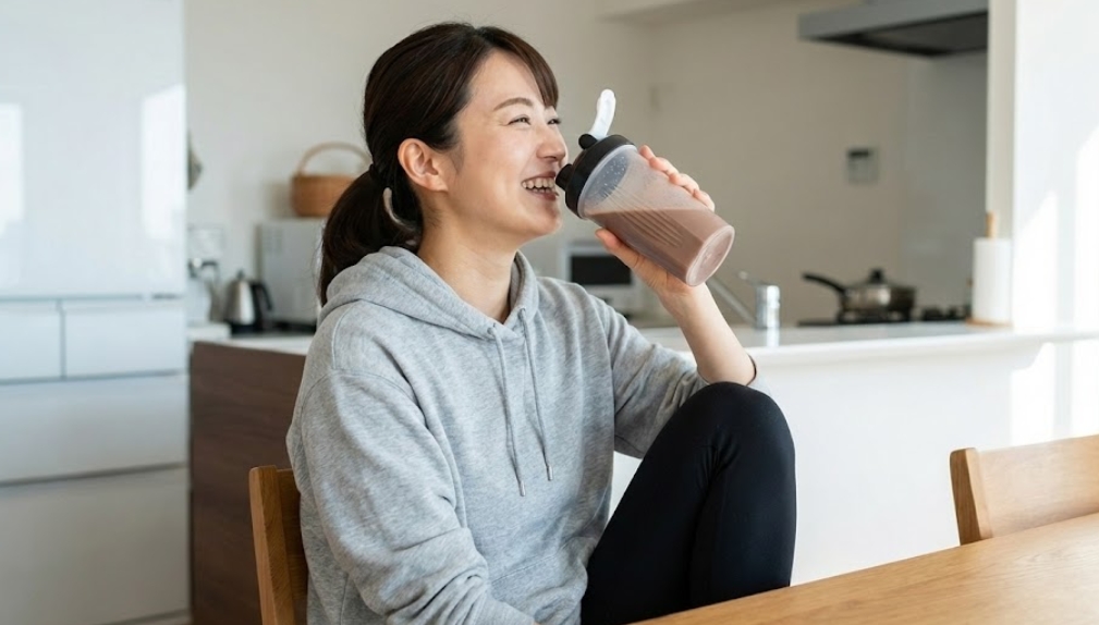 明るい日差しが差し込む自宅のダイニングキッチンで、グレーのパーカーを着たポニーテールの日本人女性が、木製の椅子に座りながらシェイカーボトルに入ったチョコレート色のプロテインシェイクを笑顔で飲んでいる。