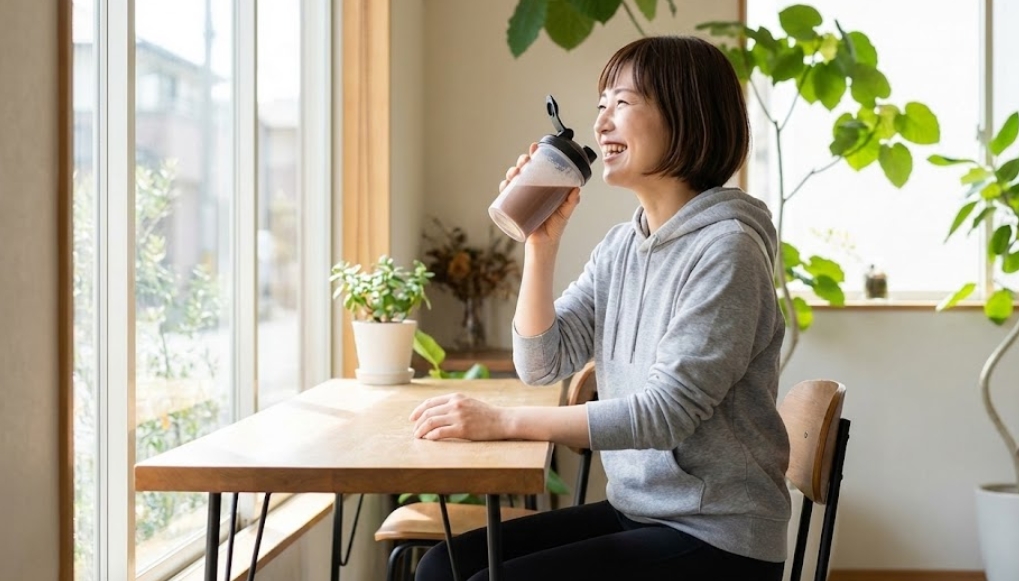 自然光が差し込む明るいカフェの窓辺の席で、グレーのパーカーを着たショートヘアの日本人女性が、シェイカーボトルに入った茶色のプロテインドリンクを飲みながら、窓の外を見て楽しそうに微笑んでいる様子。周囲には観葉植物が置かれている。